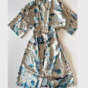 Vintage Satin Robe Inner Most Teal Blue Tan Geometric Mandala‎ Style Pattern